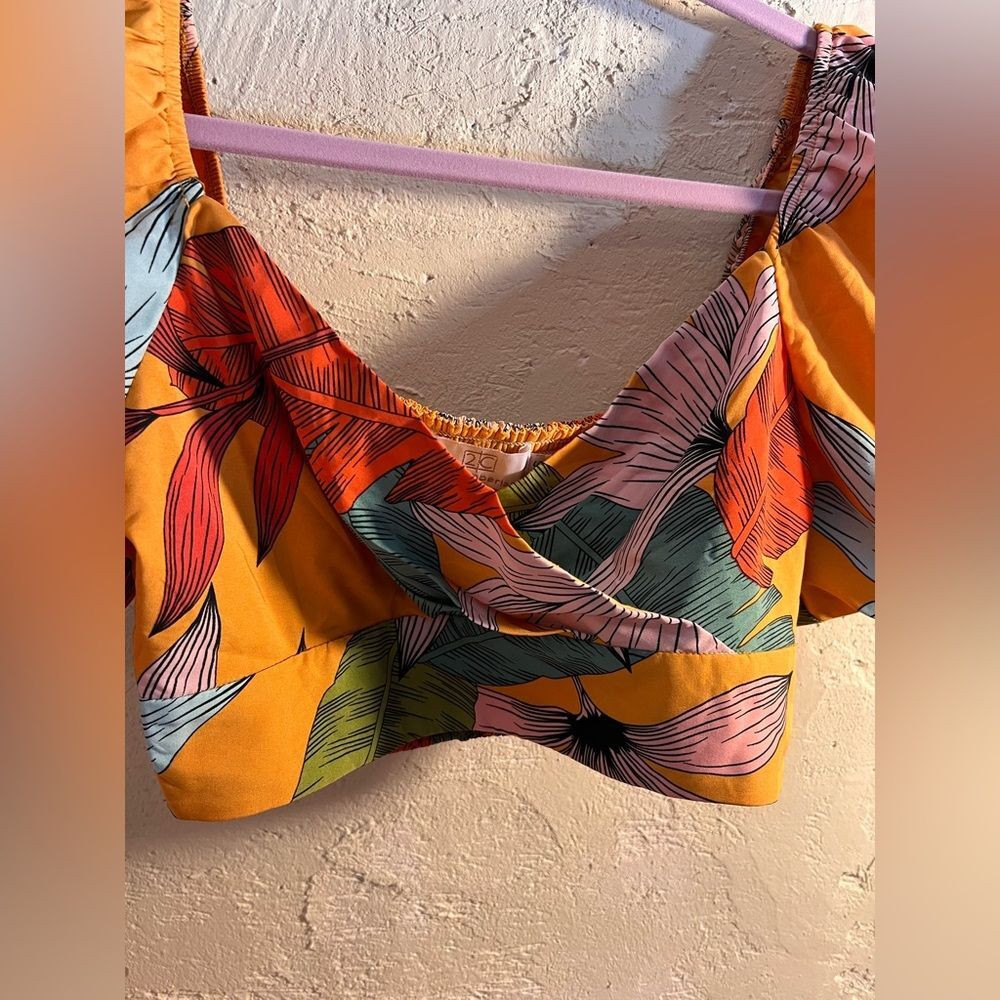 Orange and Blue Tropical Puff Sleeve Ruffled Crop Top summer beach resortwear - Picture 5 of 9